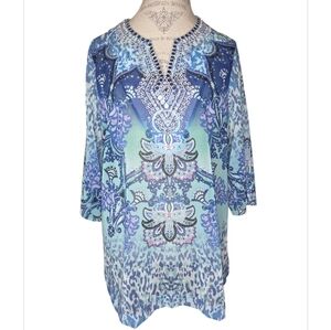 Chico's Women's Semi-Sheer Embellished Coastal Blue Tunic Shirt Size 16